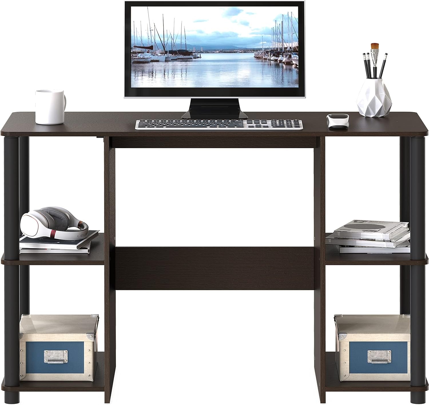 38-Inch Home Office Wood Desk with Double Sided Shelves, Espresso