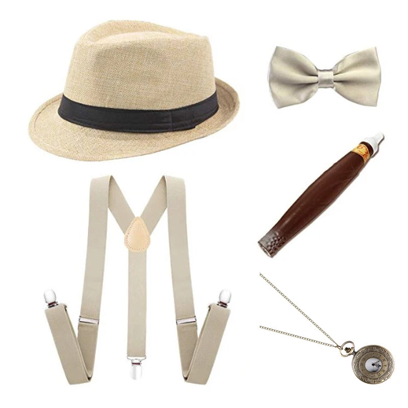 1920S Mens Great Gatsby Accessories Set Roaring 20S 30S Retro Gangster Costume Tie Hat