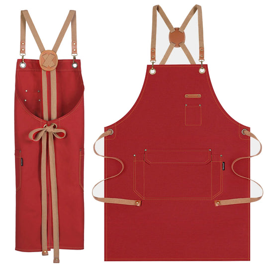 Chef Apron Artist Painting Gardening Work Apron Barista Bartender Barber Shop Apron, Cross Back Adjustable Strap Men Women Canvas Aprons with Large Pockets for Kitchen Cooking Baking Grilling – Red