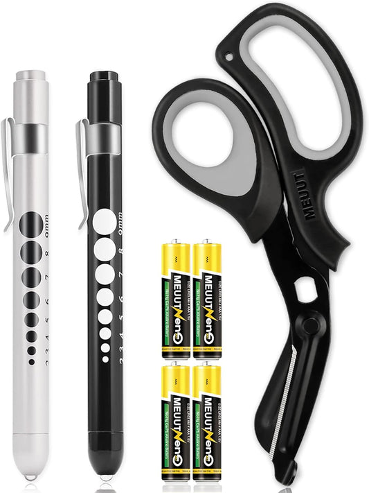 3 Pack Medical Scissors and Penlights for Nurses –First Aid Kits with Two Medical Pen Lights Four Batteries, One 8 Inches Ergonomical Bandage Scissors Trauma Shears for Medical Supplies