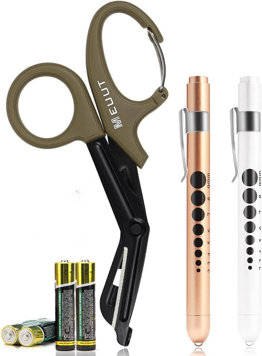 3 Pack Pen Light & Medical Shears-Two LED Penlight with Pupil Gauge, One EMT Trauma Scissor with Carabiner-7.5" Bandage Scissor for Nurse Doctor EMT