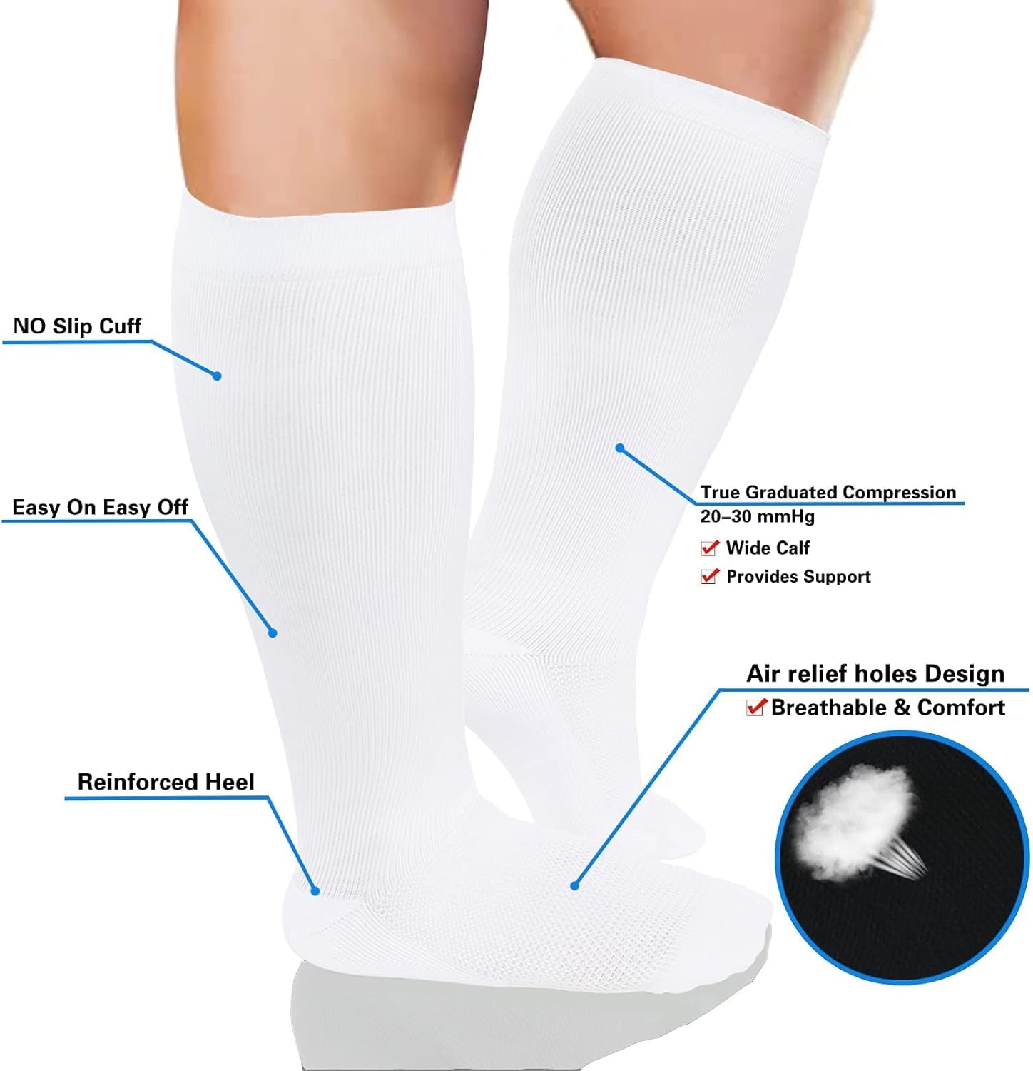 Plus Size Compression Socks Wide Calf Men Women Knee High 20-30 Mmhg Breathable Circulation Xl 2Xl 3Xl 4Xl 5Xl