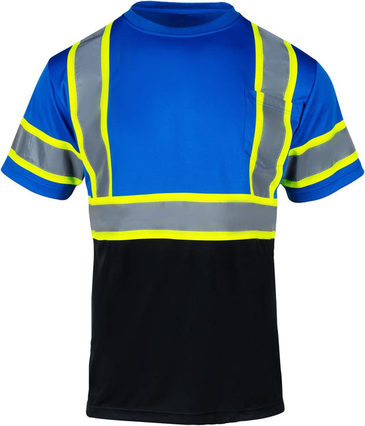 Safety Reflective High Visibility Shirt for Men ANSI Class 3 Hi Vis Construction Work Shirts with Short Sleeve(Blue,L)