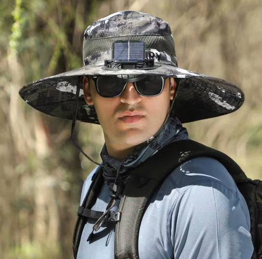 Summer Outdoor Men Large Brimsun Hat Sunscreen Hiking Fishing Cap Solar-Powered Rechargeable Large Wind Fan Fisherman Hat