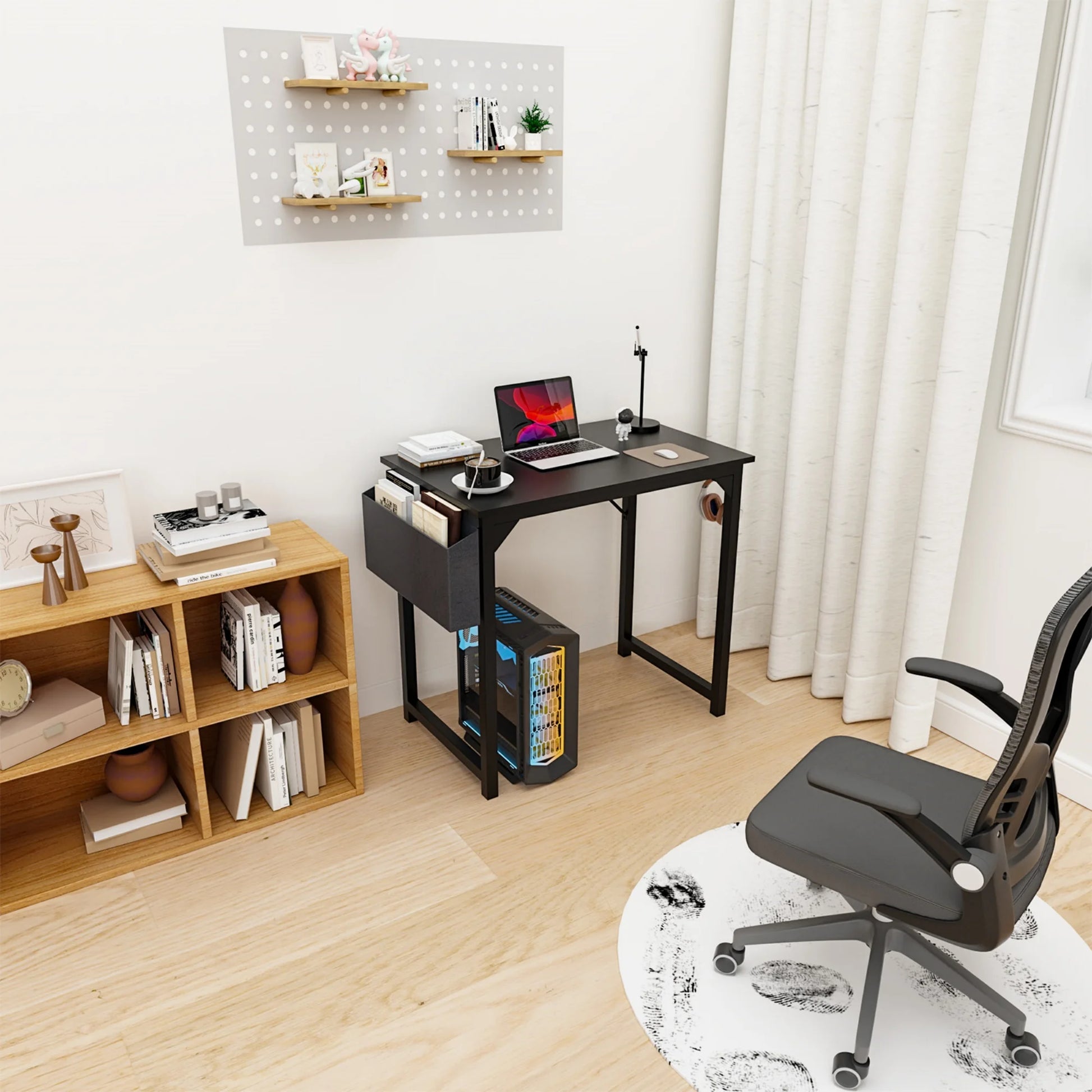 Modern Office Desk Sturdy Computer Table with Storage Bag & Iron Hook for Home Bedroom 31", Black