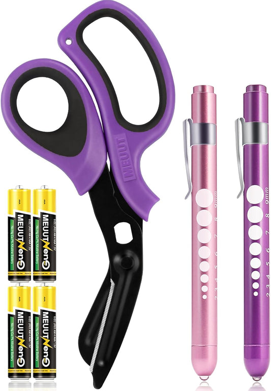 3 Pack Medical Scissors and Penlights for Nurses with Four Batteries-One 8" Patented Trauma Scissor Bandage Scissor Two LED Pen Lights for Nurse Doctor EMT First Aid