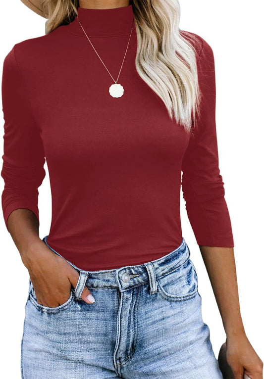 Women'S Cute High Neck Long Sleeve Slim Fit Stretch Striped T-Shirts Basic Shirt Fall Clothes Burgundy Small