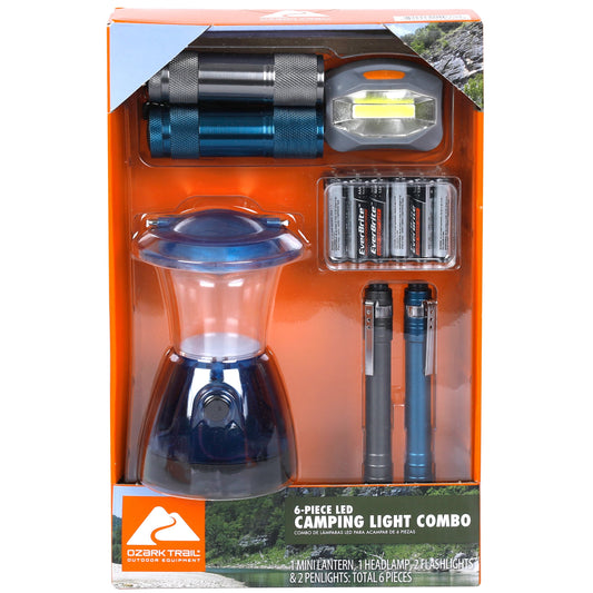 6 Piece LED Flashlight, Headlamp, Lantern, and Penlight Combo Set for Camping and Emergencies