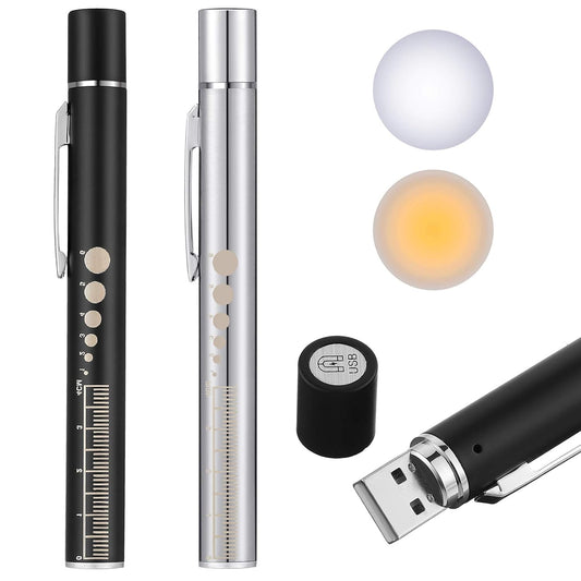 Pen Light, Reusable LED Penlight for Students Doctors Nurses with 2 LED Sources, USB Rechargeable, Extra Warm Light Bulb, Pocket Clip(Black, Silver,2 Pieces)