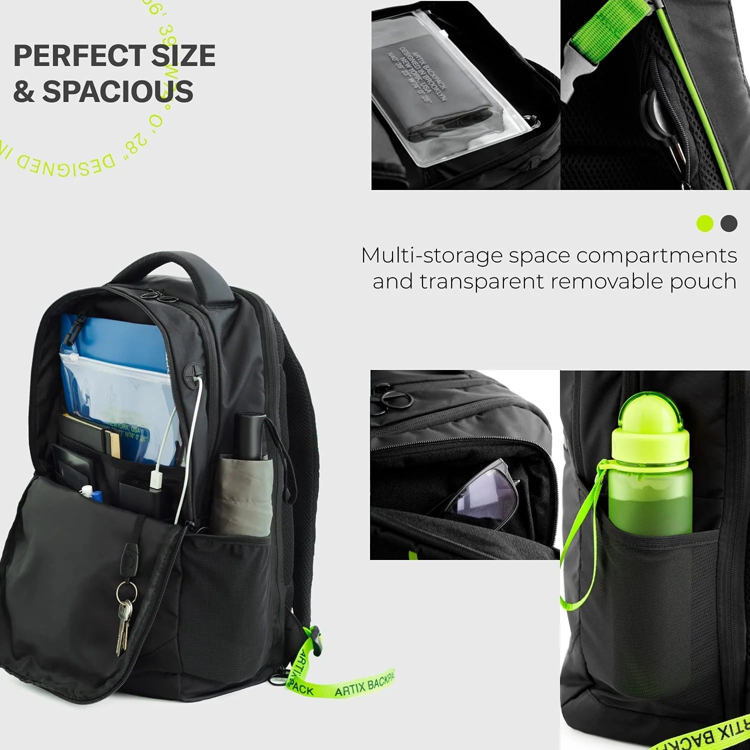 ® Waterproof Laptop Backpack for Men & Women | Large 17.3-Inch Travel Backpack | Stylish & Durable Computer Bag for Business, Office & Work | Versatile Rucksack for Adults (Black/Green)
