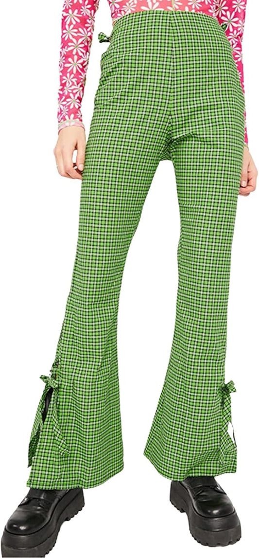 Women Plaid Wide Leg Pants with Slit Y2K High Waisted Bell Bottom Pants Lace up Elastic Trousers 90S 00S Streetwear