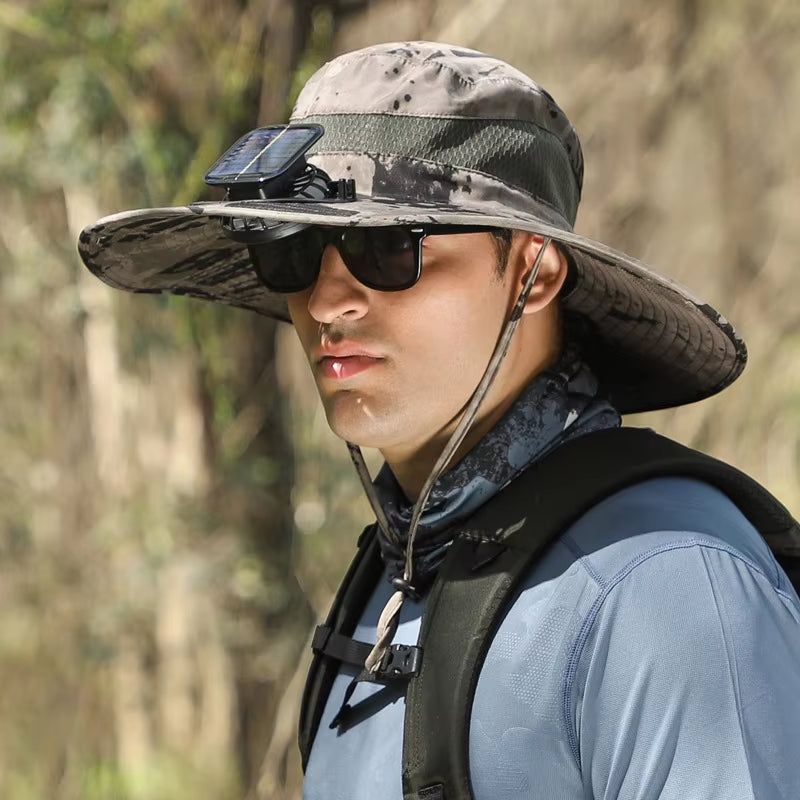 Summer Outdoor Men Large Brimsun Hat Sunscreen Hiking Fishing Cap Solar-Powered Rechargeable Large Wind Fan Fisherman Hat