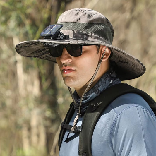 Summer Outdoor Men Large Brimsun Hat Sunscreen Hiking Fishing Cap Solar-Powered Rechargeable Large Wind Fan Fisherman Hat