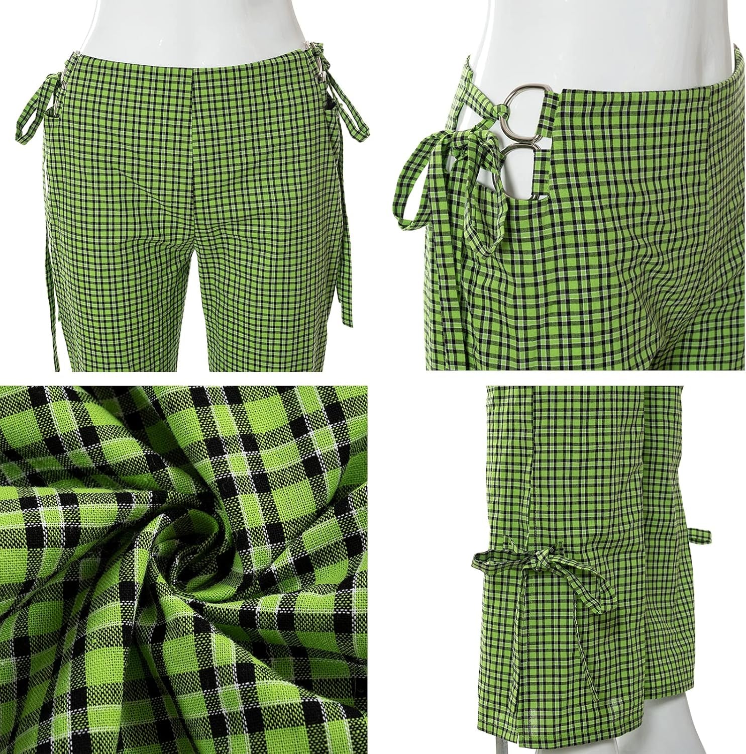 Women Plaid Wide Leg Pants with Slit Y2K High Waisted Bell Bottom Pants Lace up Elastic Trousers 90S 00S Streetwear